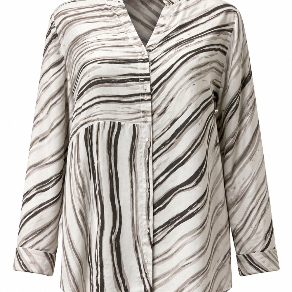 Chicos 3 XL Striped V-Neck Button Front Tunic Blouse in Ivory and Gray Plus Size